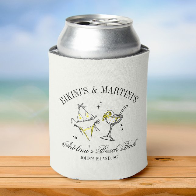 Club Bachelorette Party Favour Beach Bridal Custom Can Cooler (A can cooler with "Bikini's & Martinis" + custom info text + illustrations of a bikini + a cocktail)