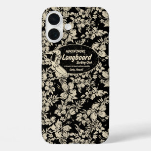 Club Surfing Longboard Hibiscus Hawaiian Black iPhone 16 Plus Case