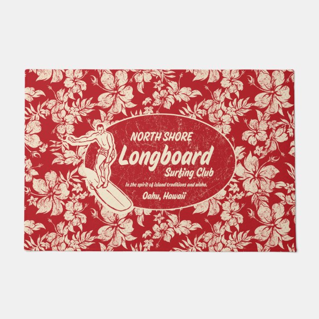 Club Surfing Longboard Logo and Hibiscus Red Doormat (Front)