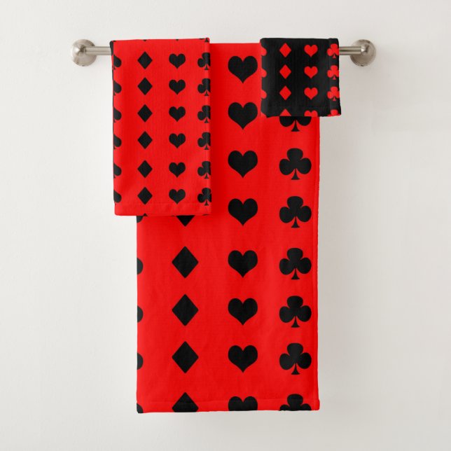 Clubs, spades, hearts, diamonds - red and black bath towel set (Insitu)