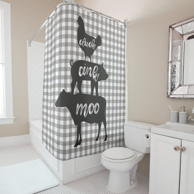 Cluck Oink Moo Chicken Cow Pig Farmhouse Plaid Shower Curtain (In Situ)
