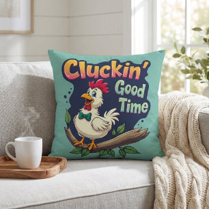 Cluckin' Good Time Funny Chicken Illustration Cushion