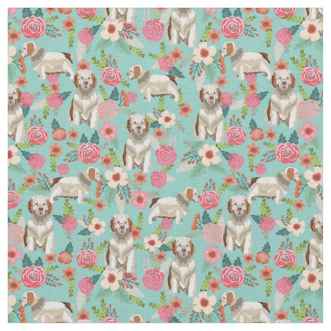 Clumber Spaniel floral dog mint Fabric (Close Up)