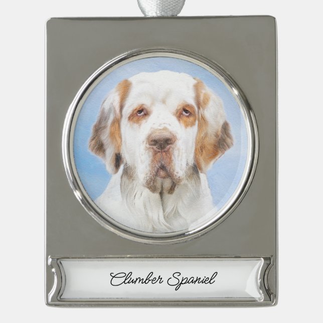 Clumber Spaniel Painting - Cute Original Dog Art Silver Plated Banner Ornament (Front)