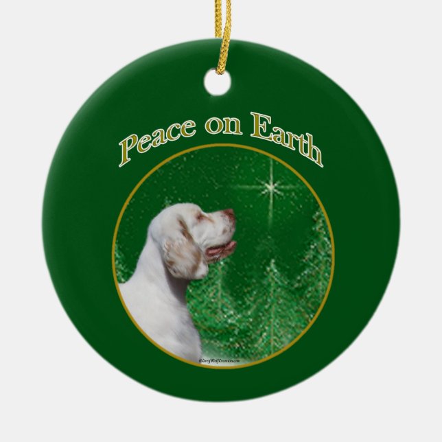 Clumber Spaniel Peace Ceramic Tree Decoration (Front)