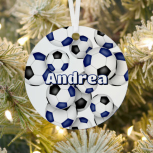 cluster of blue black soccer balls sports keepsake metal tree decoration