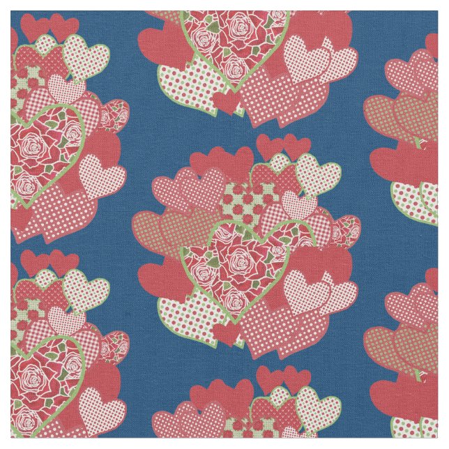 Clusters of Hearts and Red Roses Custom Fabric (Close Up)