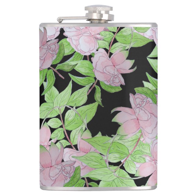 clusters of pretty pink flowers and leafs floral  hip flask (Front)