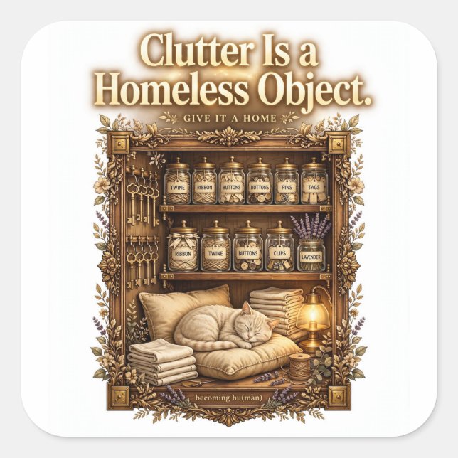 "Clutter Is a Homeless Object" Organisation Tee Square Sticker (Front)