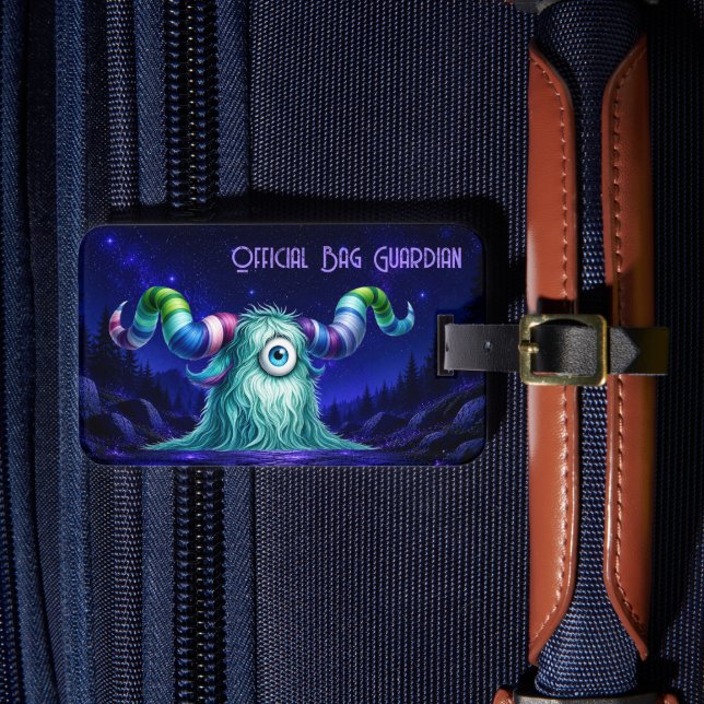 Clyde - One-Eyed Curious Monster Luggage Tag (Front Insitu 4)