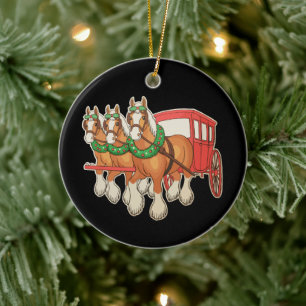 Clydesdale Horses Wagon Wreath Christmas Xmas Ceramic Tree Decoration