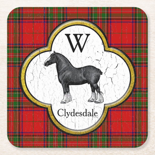 Clydesdale Plaid Monogram Personalise Square Paper Coaster (Front)
