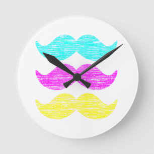 CMY Moustaches (letterpress style) Round Clock