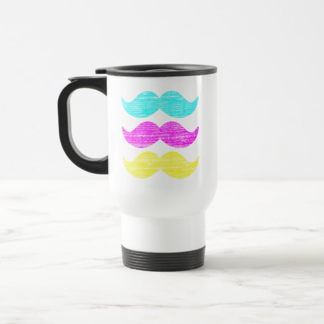 CMY Moustaches (letterpress style) Travel Mug (Left)