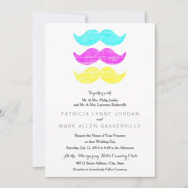 CMY Moustaches Vintage Colourful Invitation (Front)