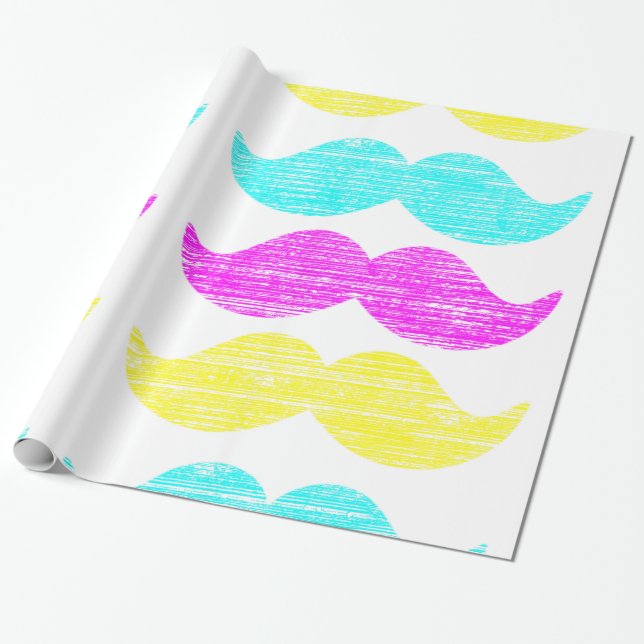 CMY Pop Art Moustache Pattern Gift Wrap (Unrolled)
