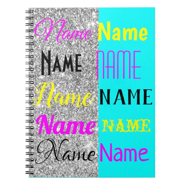 CMYK Cyan and silver glitter personalized gift Notebook (Front)
