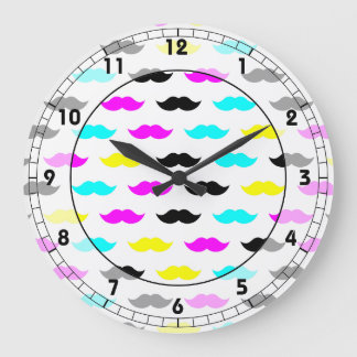 CMYK hipster moustache pattern Large Clock