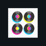 CMYK pop art vinyl records 80s style bright colors Canvas Print<br><div class="desc">A brightly colored CMYK pop art style design of four vinyl records. Very cool design for somone who enjoys eighties 80s memorabilia and art.</div>