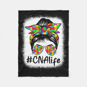 Cna Certified Nursing Istant Messy Bun Autism Awar Fleece Blanket