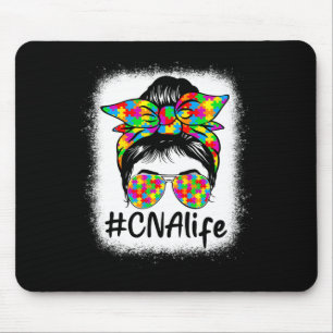 Cna Certified Nursing Istant Messy Bun Autism Awar Mouse Pad