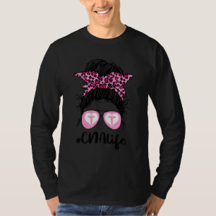 Cna Life Messy Bun Pink Leopard Bleached Nurse's D T-Shirt