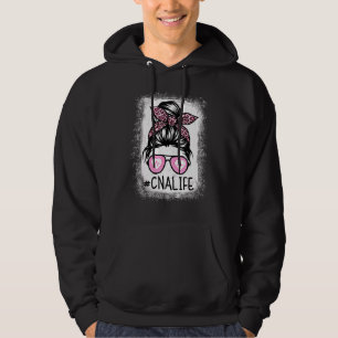 Cna Nurse Life Bleached Pink Leopard Messy Bun Gir Hoodie
