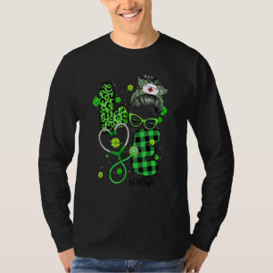Cna Nurse Life Messy Bun Leopard Plaid Irish St Pa T-Shirt