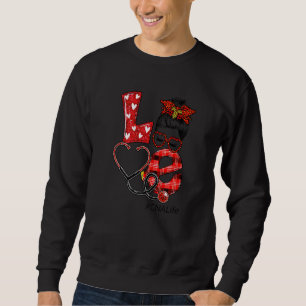 Cna Nurse Plaid Red Leopard Love Heart Messy Bun N Sweatshirt
