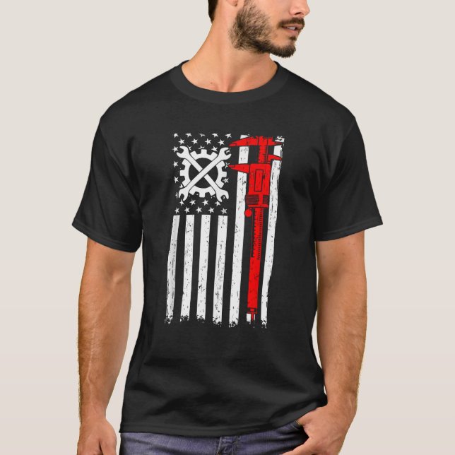 CNC Machinist American Flag Tools Operator T-Shirt (Front)
