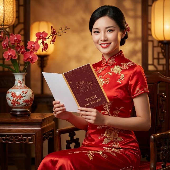 CNY 2026 Year of the Horse Elegant Red & Gold Holiday Card (Creator Uploaded)