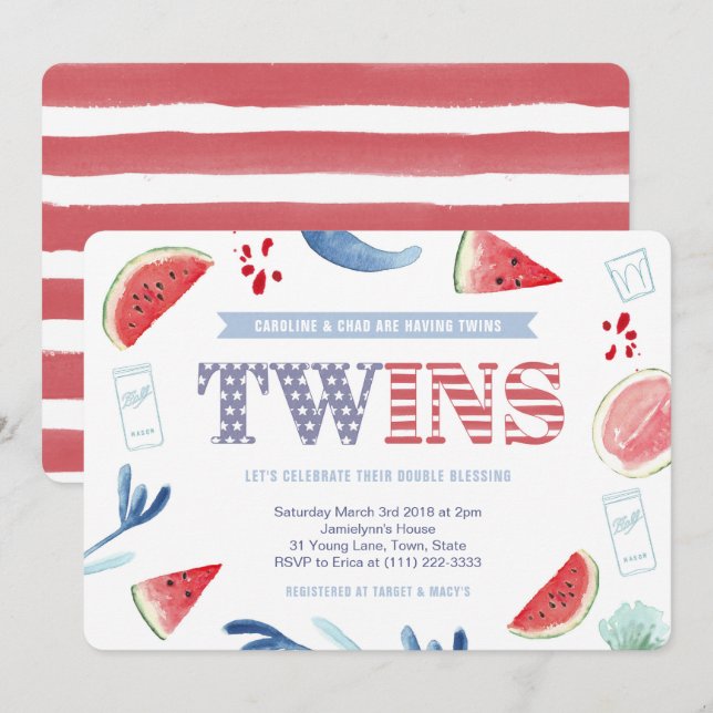 Co-ed Baby Shower for Twins, 4th July Baby Shower Invitation (Front/Back)