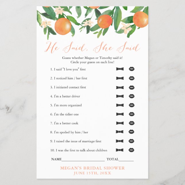 Co-ed Wedding Shower Game, Who Said It? Flyer (Front)