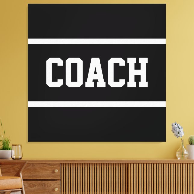 COACH Athletic White Text Stripes On Modern Black Canvas Print (Insitu(LivingRoom))