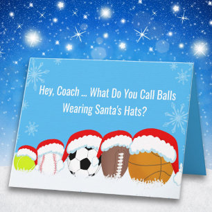 Coach Christmas Sports Balls in Santa's Hat Riddle Card