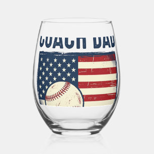 Coach Dad Baseball Patriotic Vintage T-Shirt Desig Stemless Wine Glass