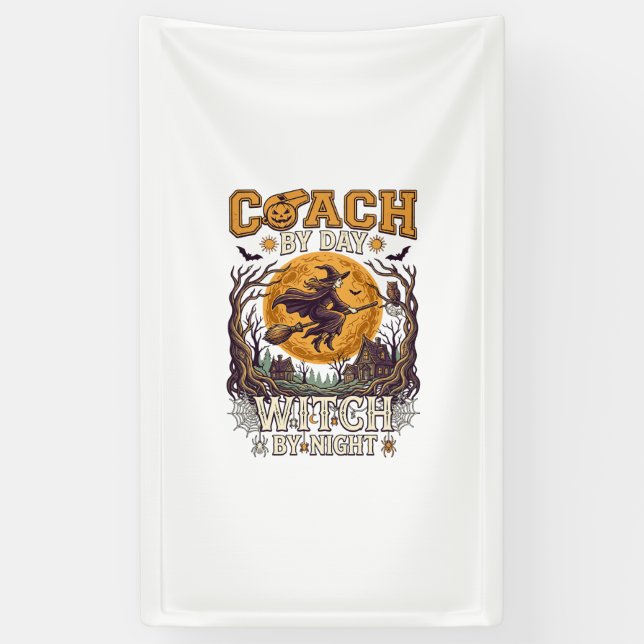 Coach Day Witch Night Haloween Flying Moon Spiders Banner (Vertical)