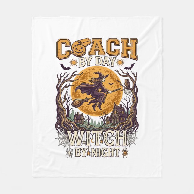 Coach Day Witch Night Haloween Flying Moon Spiders Fleece Blanket (Front)