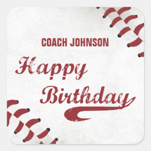 Coach Happy Birthday Large Grunge Baseball, Sport Square Sticker