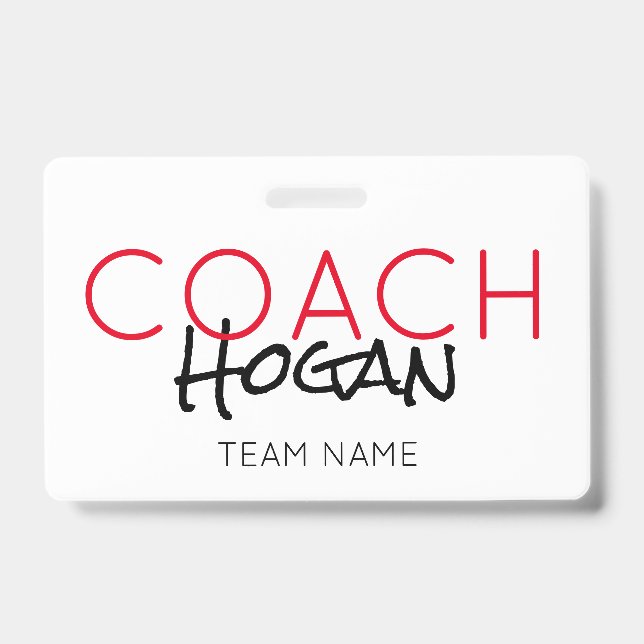 COACH NAME custom text red black Sports Team ID Badge (Front)