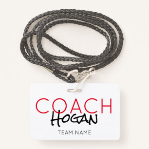 COACH NAME custom text red black Sports Team ID Badge