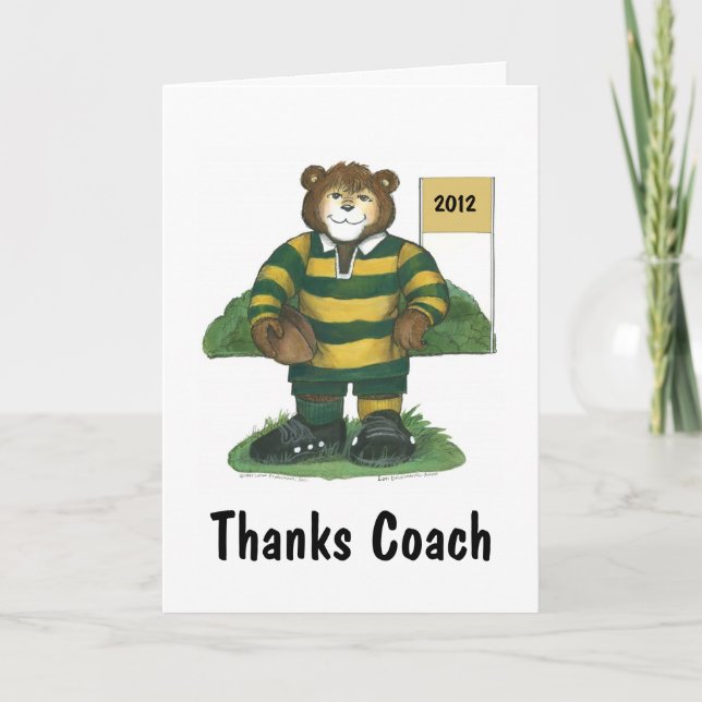 Coach Thank You Card, Rugby Bear in Green and Gold Card (Front)