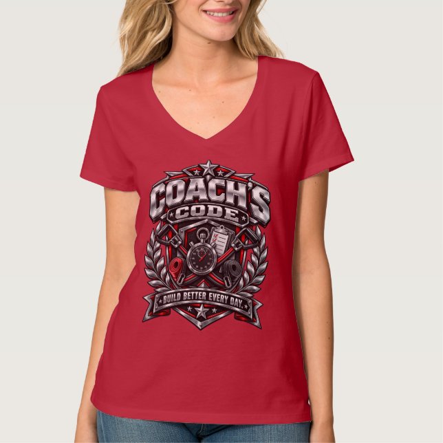 Coach's Code Metallic Fitness Emblem Logo Design T-Shirt (Front)