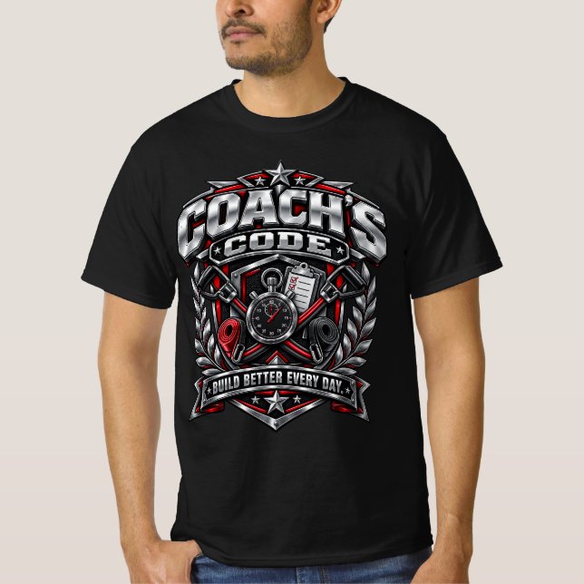 Coach's Code Metallic Fitness Emblem Logo Design T-Shirt (Front)