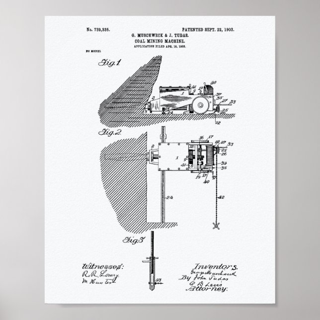 Coal Mining Machine 1903 Patent Art White Paper Poster (Front)