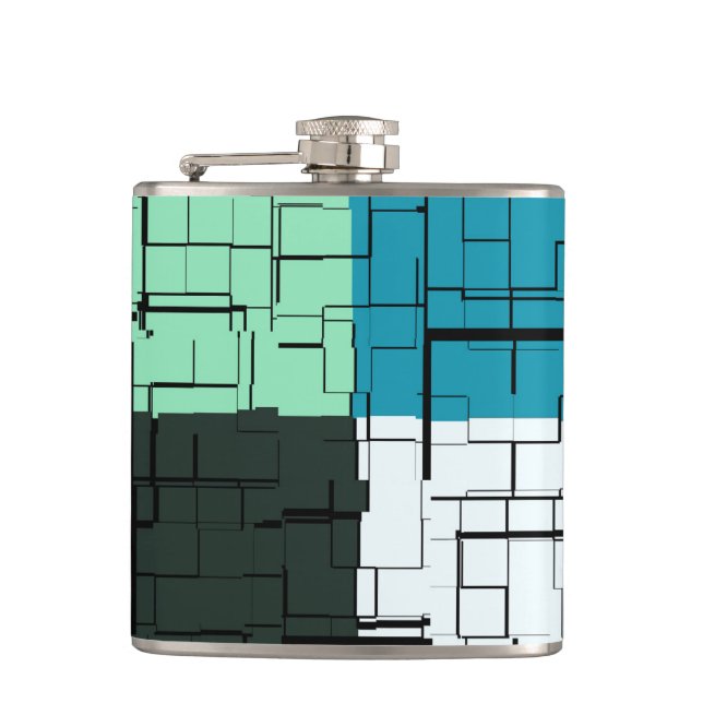 Coal White Teal Green Aqua Blue Modern Pattern Hip Flask (Front)