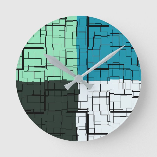 Coal White Teal Green Aqua Blue Modern Pattern Round Clock (Front)