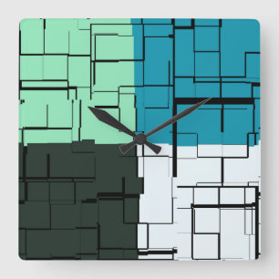 Coal White Teal Green Aqua Blue Modern Pattern Square Wall Clock
