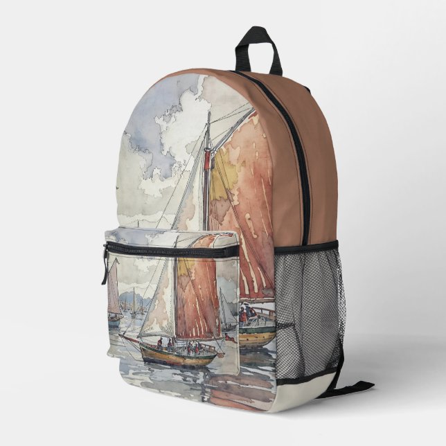  Coast Sailboat Watercolor Scene Printed Backpack (Back Corner Right)