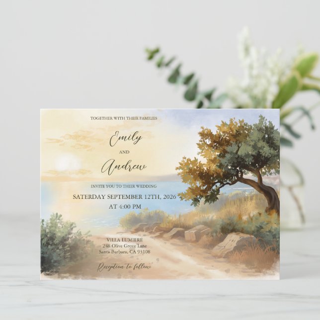 Coast Watercolor Sunset Mediterranean Full Wedding Invitation (Standing Front)